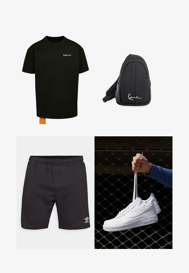 Melnas kokvilnas T-krekls ar brīvu piegriezumu, apaļu kakla izgriezumu un īsām piedurknēm. Uz krūtīm ir balts teksta logo, un apakšmalā ir oranžs uzšuves tags.; Melnas sporta šortus, izgatavotus no mīksta auduma, ar elastīgu jostasvietu un mazu balto logo kreisajā apakšējā kājā.; Baltas ādas sporta apavi ar perforācijām, apaļu purngali, plakanu zoli un biezām šņorēm, ar redzamu swoosh logo un vārdu "AIR" uz papēža.; Melnas auduma siksnu mugursoma ar gludu tekstūru, ar izliekta dizaina, ar rāvējslēdzēju, un uz priekšu ir balts logo.