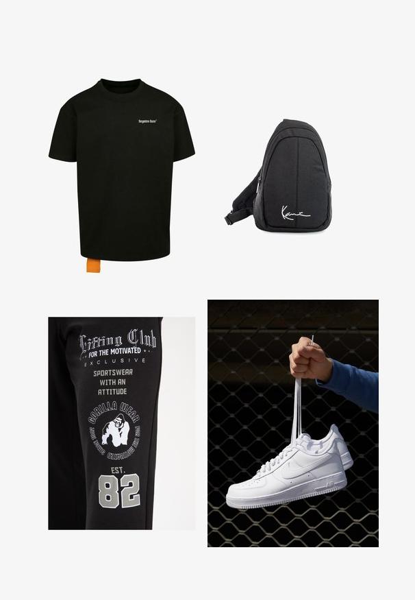 Melnas kokvilnas T-krekls ar brīvu piegriezumu, apaļu kakla izgriezumu un īsām piedurknēm. Uz krūtīm ir balts teksta logo, un apakšmalā ir oranžs uzšuves tags.; Melnas sporta apģērbs ar baltām drukātām grafikām, tostarp tekstu un gorillas logo, ar pelēkiem akcentiem un izceltu gadu "82".; Baltas ādas sporta apavi ar perforācijām, apaļu purngali, plakanu zoli un biezām šņorēm, ar redzamu swoosh logo un vārdu "AIR" uz papēža.; Melnas auduma siksnu mugursoma ar gludu tekstūru, ar izliekta dizaina, ar rāvējslēdzēju, un uz priekšu ir balts logo.