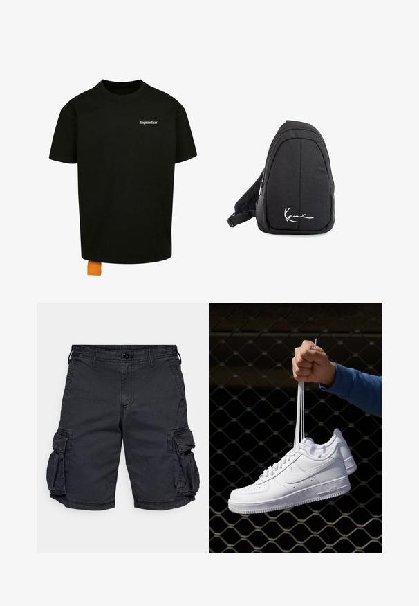 Černé bavlněné tričko s volným střihem, kulatým výstřihem a krátkými rukávy. Na hrudi se nachází bílý textový logo a na lemu je oranžová etiketa.; Černé cargo šortky vyrobené z bavlny s několika bočními kapsami, zipovým zavíráním a poutky na opasek. Obsahují odolnou tkaninu s viditelným švem.; Bílé kožené tenisky s perforacemi, kulatou špičkou, plochou podrážkou a silnými tkaničkami, které mají viditelné logo swoosh a nápis "AIR" na patě.; Černý textilní batoh s popruhem přes rameno, hladkým povrchem, zakřiveným designem, zipovou přihrádkou a bílým logem na přední straně.