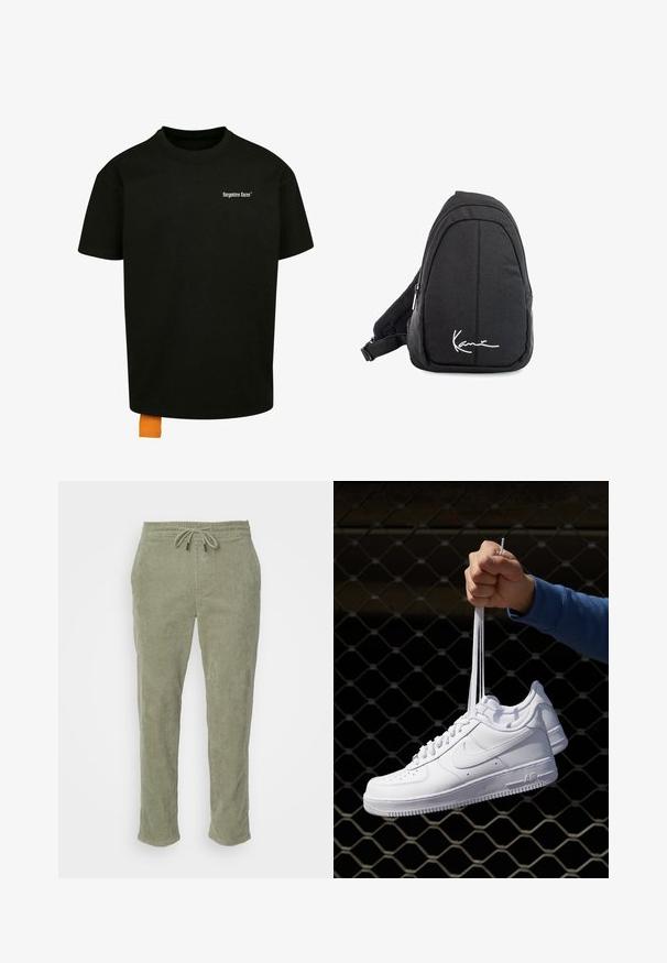 T-shirt en coton noir avec une coupe décontractée, col rond et manches courtes. Présente un logo en texte blanc sur la poitrine et une étiquette orange à l'ourlet.; Pantalons en velours côtelé kaki avec une taille élastique, un cordon de serrage ajustable et des jambes droites. Présentent une texture côtelée prononcée sur toute leur surface.; Baskets en cuir blanc avec perforations, à bout rond, semelle plate et lacets épais, arborant un logo swoosh visible et "AIR" sur le talon.; Sac à dos en toile noire avec une texture lisse, arborant un design courbé, un compartiment zippé et un logo blanc sur le devant.