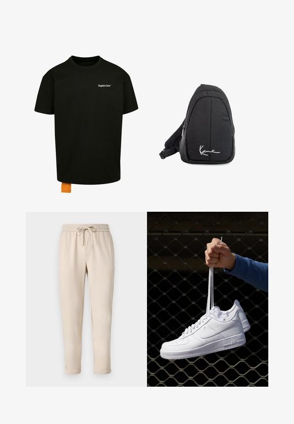 Black cotton t-shirt with a loose fit, crew neck, and short sleeves. Features white text logo on the chest and an orange tag at the hem.; Beige jogger pants with an elastic waistband and drawstring, featuring side pockets and tapered ankles. Smooth texture, casual design.; White leather sneakers with perforations, round toe, flat sole, and thick laces, featuring a visible swoosh logo and "AIR" on the heel.; Black fabric sling backpack with a smooth texture, featuring a curved design, zippered compartment, and a white logo on the front.