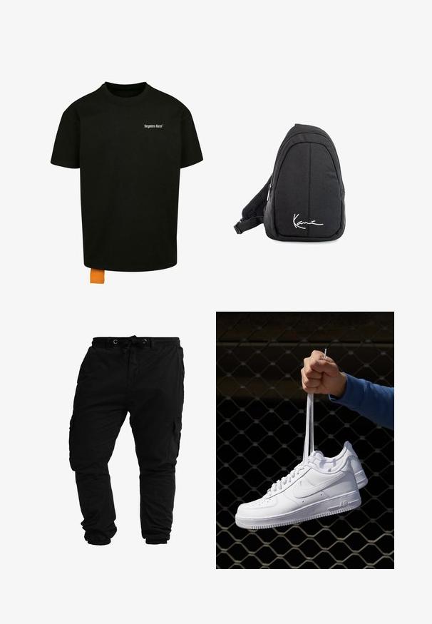Fekete pamut póló laza szabással, kerek nyakkal és rövid ujjakkal. Fehér szöveges logóval a mellrészen és narancssárga címkével az alján.; Fekete cargo nadrágok pamutkeverék anyagból; zsinóros derékkal, több oldalsó zsebbel és szűkített szárakkal a bokánál.; Fehér bőr sportcipők perforációval, kerek orral, lapos talppal és vastag fűzőkkel, látható swoosh logóval és "AIR" felirattal a sarokrészen.; Fekete szövet válltáska sima textúrával, ívelt kialakítással, cipzáras rekesszel, és egy fehér logóval az elején.