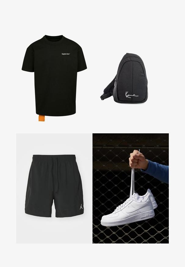 Melnas kokvilnas T-krekls ar brīvu piegriezumu, apaļu kakla izgriezumu un īsām piedurknēm. Uz krūtīm ir balts teksta logo, un apakšmalā ir oranžs uzšuves tags.; Melnas sporta šortus, kas izgatavoti no vieglas auduma. Iezīmēta ar elastīgu jostasvietu ar auklu un nelielu baltu logotipu apakšējā kreisajā pusē.; Baltas ādas sporta apavi ar perforācijām, apaļu purngali, plakanu zoli un biezām šņorēm, ar redzamu swoosh logo un vārdu "AIR" uz papēža.; Melnas auduma siksnu mugursoma ar gludu tekstūru, ar izliekta dizaina, ar rāvējslēdzēju, un uz priekšu ir balts logo.