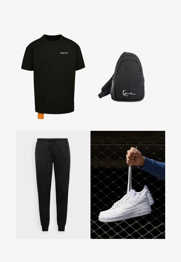 Black cotton t-shirt with a loose fit, crew neck, and short sleeves. Features white text logo on the chest and an orange tag at the hem.; Black sweatpants with a drawstring waist, tapered legs, and side zip pockets; made of soft fabric with subtle textured detailing.; White leather sneakers with perforations, round toe, flat sole, and thick laces, featuring a visible swoosh logo and "AIR" on the heel.; Black fabric sling backpack with a smooth texture, featuring a curved design, zippered compartment, and a white logo on the front.