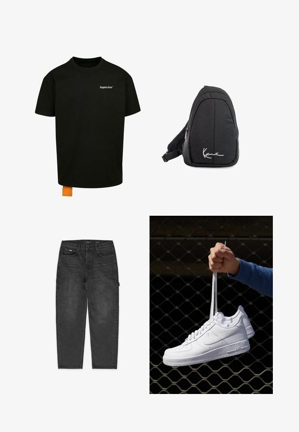 T-shirt en coton noir avec une coupe décontractée, col rond et manches courtes. Présente un logo en texte blanc sur la poitrine et une étiquette orange à l'ourlet.; Pantalon cargo en denim noir avec une coupe relaxée, des coutures visibles, des poches avant et latérales, et une boucle sur la cuisse pour utilitaire.; Baskets en cuir blanc avec perforations, à bout rond, semelle plate et lacets épais, arborant un logo swoosh visible et "AIR" sur le talon.; Sac à dos en toile noire avec une texture lisse, arborant un design courbé, un compartiment zippé et un logo blanc sur le devant.