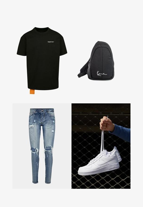 Must must T-särk, millel on lõtv lõige, ümmargune kaelus ja lühikesed varrukad. Rinnal on valge teksti logo ja hemil oranž silt.; Keskmise sinise värvi denimist kitsad teksad, millel on kulumisjäljed ja lahtised servad. Omab esiosa nööbi ja tõmbluku sulgemist.; Valged nahast tennisetossud, millel on perforatsioonid, ümar nina, lame tallus ja paksud nöörid, nähtava swooshi logoga ja "AIR" kontsadel.; Mustmust kangas õlakott sujuva tekstuuriga, millel on kaarduv disain, tõmblukuga sektsioon ja valge logo esiküljel.