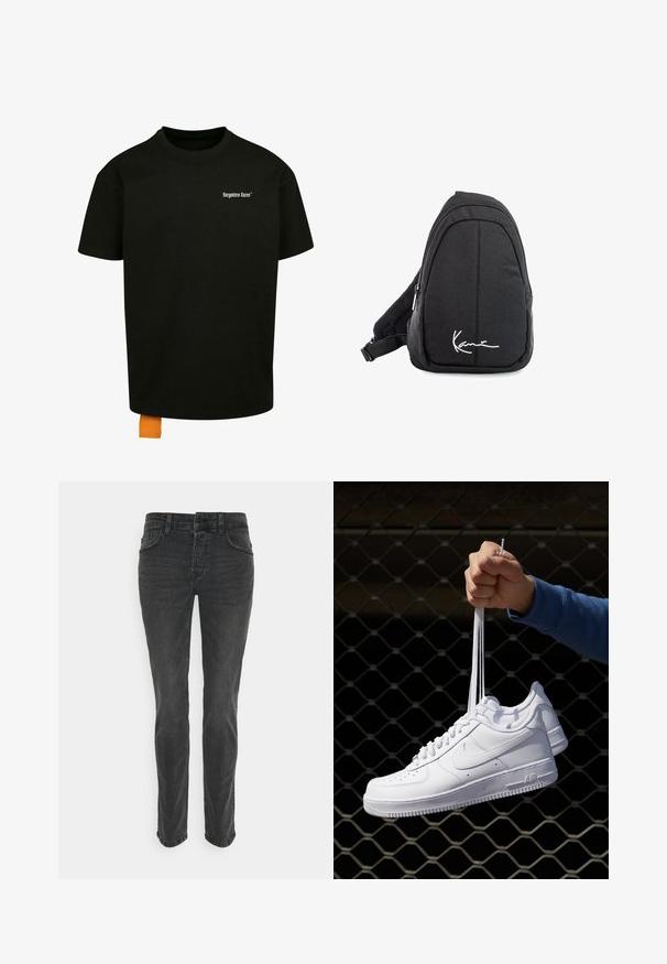 Czarna bawełniana koszulka z luźnym krojem, okrągłym dekoltem i krótkimi rękawami. Zawiera białe logo tekstowe na klatce piersiowej oraz pomarańczową metkę u dołu.; Czarne dżinsy o prostym kroju nogawki, pięcioma kieszeniami i subtelnym przeszyciem na szwach. Materiał ma gładkie, lekko teksturowane wykończenie.; Białe skórzane sneakersy z perforacjami, okrągłym noskiem, płaską podeszwą i grubymi sznurówkami, z widocznym logo swoosh i napisem „AIR” na pięcie.; Czarny plecak na ramię z gładkiego materiału, o zaokrąglonym kształcie, z zamykaną komorą i białym logo z przodu.