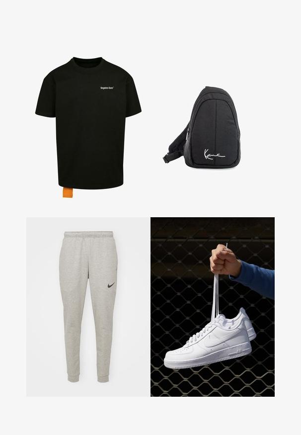 Schwarzes Baumwoll-T-Shirt mit lockerer Passform, Rundhalsausschnitt und kurzen Ärmeln. Mit weißem Textlogo auf der Brust und einem orangefarbenen Etikett am Saum.; Hellgraue Sweatpants aus einer weichen Baumwollmischung, mit schmalem Schnitt, elastischem Bund und einem schwarzen Nike-Logo auf dem linken Oberschenkel.; Weiße Leder-Sneaker mit Perforationen, runder Zehenpartie, flacher Sohle und dicken Schnürsenkeln, mit sichtbar eingesticktem Swoosh-Logo und "AIR" an der Ferse.; Schwarzer Stoff-Sling-Rucksack mit glatter Textur, gekennzeichnet durch ein geschwungenes Design, ein Reißverschlussfach und einem weißen Logo auf der Vorderseite.