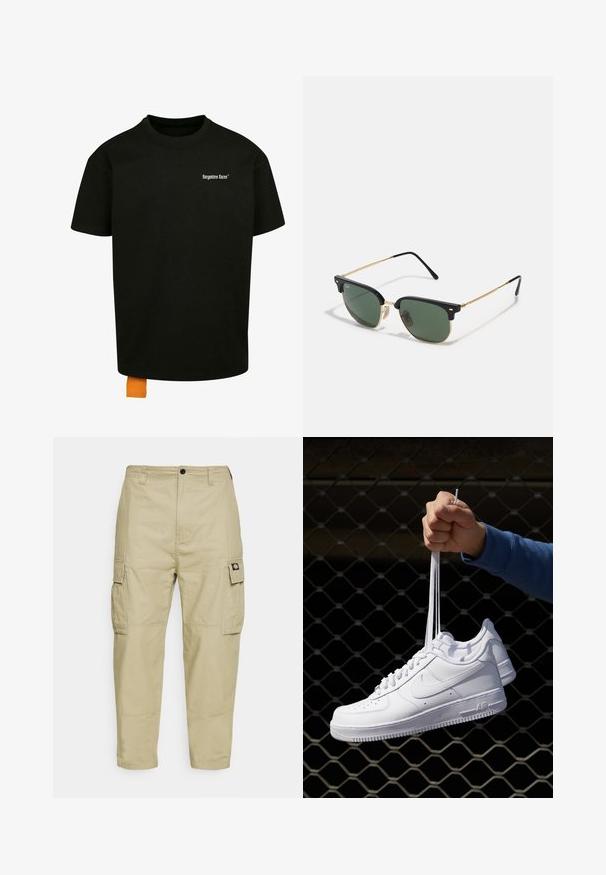 Svart bomulls t-shirt med en lös passform, rundad hals och korta ärmar. Har vit textlogotyp på bröstet och en orange etikett vid fållen.; Beiga cargobyxor gjorda av slitstarkt tyg, med två sidfickor, knäppning med knapp och insvängda ben med en mjuk textur.; Vita lädersneakers med perforeringar, rund tå, platt sula och tjocka snörning, med en synlig swoosh-logga och "AIR" på hälen.; Sunglasses med gröna linser, svart plastöverram, guldmetallaccent och smala svarta tempelarmar. Har en distinkt brodesign.; Svart tyg sling ryggsäck med en mjuk textur, med en rundad design, en dragkedjefack och en vit logotyp på framsidan.