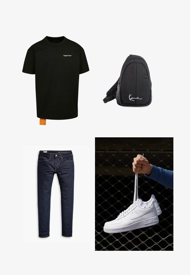 Zwarte katoenen t-shirt met een losse pasvorm, ronde hals en korte mouwen. Bevat een wit tekstlogo op de borst en een oranje label aan de zoom.; Donkerblauwe denim jeans met een slim fit, uitgerust met oranje stiksels, een vijf-pocket ontwerp en metalen hardware. Glad materiaal, zonder patronen.; Witte leren sneakers met perforaties, ronde neus, vlakke zool en dikke veters, met een zichtbare swoosh-logo en "AIR" op de hiel.; Zwarte stoffen schouderrugzak met een soepele textuur, met een gebogen ontwerp, een ritscompartiment en een wit logo aan de voorkant.