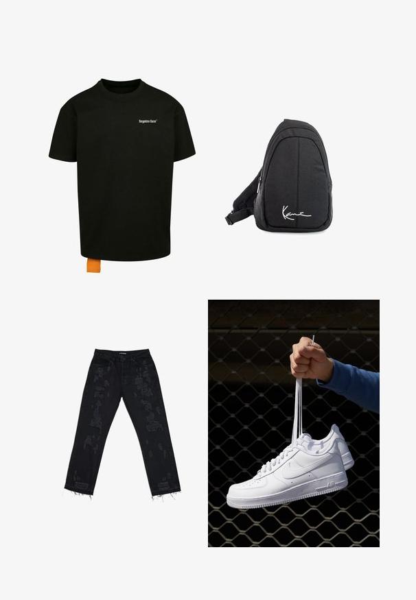Camiseta de algodón negra con un corte holgado, cuello redondo y mangas cortas. Presenta un logotipo en texto blanco en el pecho y una etiqueta naranja en el dobladillo.; Vaqueros de mezclilla negra con parches desgastados, ajuste relajado, dobladillo deshilachado y diseño estándar de cinco bolsillos. La tela parece duradera y texturizada.; Zapatillas de cuero blanco con perforaciones, punta redonda, suela plana y cordones gruesos, con un logo de swoosh visible y "AIR" en el talón.; Mochila de tela negra tipo bandolera con una textura suave, que presenta un diseño curvado, un compartimento con cremallera y un logo blanco en la parte frontal.