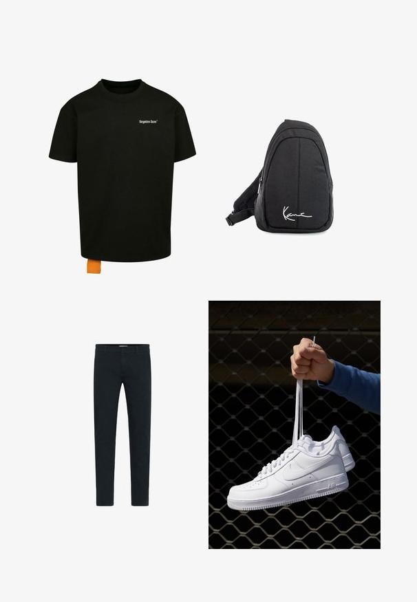 Schwarzes Baumwoll-T-Shirt mit lockerer Passform, Rundhalsausschnitt und kurzen Ärmeln. Mit weißem Textlogo auf der Brust und einem orangefarbenen Etikett am Saum.; Schwarze Baumwollhose mit schmaler Passform, ausgestattet mit einem Knopf- und Reißverschluss, fünf Taschen und einer glatten Textur. Schlichtes Design ohne Muster.; Weiße Leder-Sneaker mit Perforationen, runder Zehenpartie, flacher Sohle und dicken Schnürsenkeln, mit sichtbar eingesticktem Swoosh-Logo und "AIR" an der Ferse.; Schwarzer Stoff-Sling-Rucksack mit glatter Textur, gekennzeichnet durch ein geschwungenes Design, ein Reißverschlussfach und einem weißen Logo auf der Vorderseite.