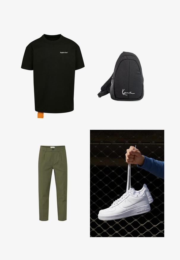 Black cotton t-shirt with a loose fit, crew neck, and short sleeves. Features white text logo on the chest and an orange tag at the hem.; Olive green trousers made of smooth fabric, featuring a button closure, pleated front, and tapered legs. No visible pockets.; White leather sneakers with perforations, round toe, flat sole, and thick laces, featuring a visible swoosh logo and "AIR" on the heel.; Black fabric sling backpack with a smooth texture, featuring a curved design, zippered compartment, and a white logo on the front.