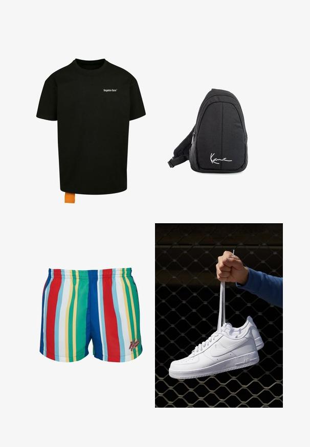 Čierne bavlnené tričko s voľným strihom, okrúhlym výstrihom a krátkymi rukávmi. Obsahuje biele logo s textom na hrudi a oranžový štítok na leme.; Pestré plavky s vertikálnymi pruhmi v červenej, modrej, zelenej, žltej a bielej farbe. Elastický pás s vyšitým logom.; Biele kožené tenisky s perforáciami, okrúhlou špičkou, plochou podrážkou a hrubými šnúrkami, pričom majú viditeľné logo swoosh a nápis "AIR" na päte.; Čierny látkový vakuový batoh s hladkou textúrou, ktorý má zakrivený dizajn, zipsovú priehradku a biele logo vpredu.