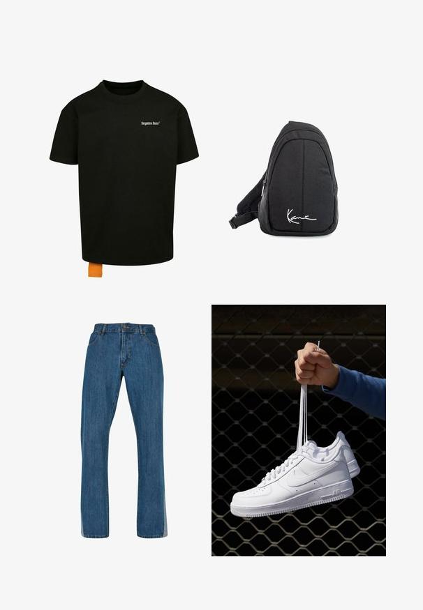 Camiseta de algodón negra con un corte holgado, cuello redondo y mangas cortas. Presenta un logotipo en texto blanco en el pecho y una etiqueta naranja en el dobladillo.; Vaqueros de denim azul con un corte recto, que presentan un diseño clásico de cinco bolsillos, cierre frontal con botón y cremallera, y costuras visibles.; Zapatillas de cuero blanco con perforaciones, punta redonda, suela plana y cordones gruesos, con un logo de swoosh visible y "AIR" en el talón.; Mochila de tela negra tipo bandolera con una textura suave, que presenta un diseño curvado, un compartimento con cremallera y un logo blanco en la parte frontal.