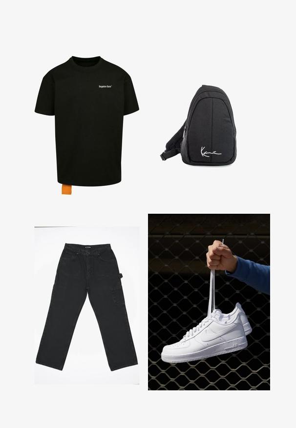 Mustapaita, jossa on löysä istuvuus, pyöreä kaula-aukko ja lyhyet hihat. Rinnassa valkoinen tekstilogo ja hemassa oranssi etiketti.; Mustat farkut suoralla lahkeella, joissa on etunappi, takataskut ja sivutasku.; Valkoiset nahkasneakersit, joissa on rei'ityksiä, pyöreä kärki, tasapohja ja paksut nauhat, joissa on näkyvä swoosh-logo ja "AIR" kantapäässä.; Musta kangaskassireppu, jossa on sileä pinta, kaareva muotoilu, vetoketjullinen osio ja valkoinen logo etupuolella.