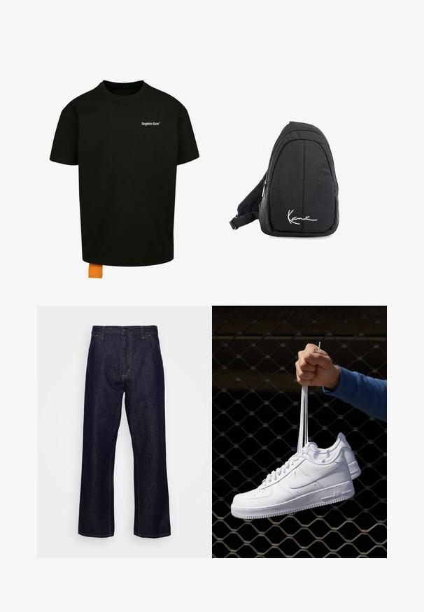Tricou din bumbac negru, cu o croială lejeră, gât rotund și mâneci scurte. Prezintă un logo din text alb pe piept și un etichetă portocalie la tiv.; Jeans din denim de culoare albastră închis, cu croială dreaptă, buzunare frontale, bucle pentru curea, fermoar și închidere cu nasture, expuși pe un fundal alb simplu.; Adidași albaștri din piele cu perforații, vârf rotund, talpă plată și șireturi groase, cu un logo swoosh vizibil și cu inscripția "AIR" pe toc.; Rucsac tip sling din țesătură neagră, cu o textură netedă, având un design curbat, compartiment cu fermoar și un logo alb pe partea din față.