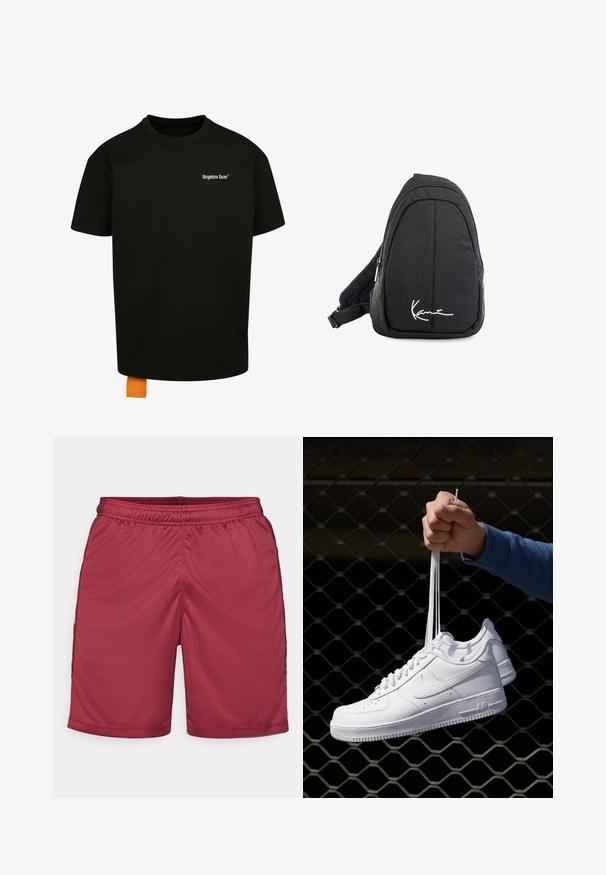Fekete pamut póló laza szabással, kerek nyakkal és rövid ujjakkal. Fehér szöveges logóval a mellrészen és narancssárga címkével az alján.; Piros sportos rövidnadrág sima, légáteresztő szövetből készült. Rugalmas derékrésszel és két oldalsó csíkkal rendelkezik, amelyek kontrasztos akcentussal díszítettek.; Fehér bőr sportcipők perforációval, kerek orral, lapos talppal és vastag fűzőkkel, látható swoosh logóval és "AIR" felirattal a sarokrészen.; Fekete szövet válltáska sima textúrával, ívelt kialakítással, cipzáras rekesszel, és egy fehér logóval az elején.