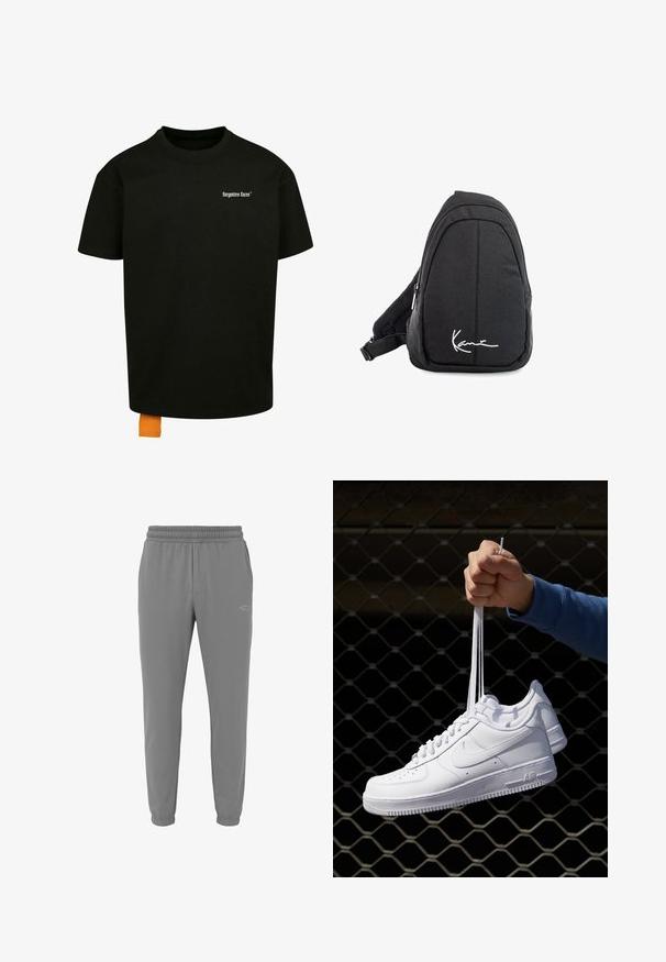 Black cotton t-shirt with a loose fit, crew neck, and short sleeves. Features white text logo on the chest and an orange tag at the hem.; Grey athletic pants made from smooth fabric. Elastic waistband for fit, tapered legs, and a subtle logo detail on the front.; White leather sneakers with perforations, round toe, flat sole, and thick laces, featuring a visible swoosh logo and "AIR" on the heel.; Black fabric sling backpack with a smooth texture, featuring a curved design, zippered compartment, and a white logo on the front.