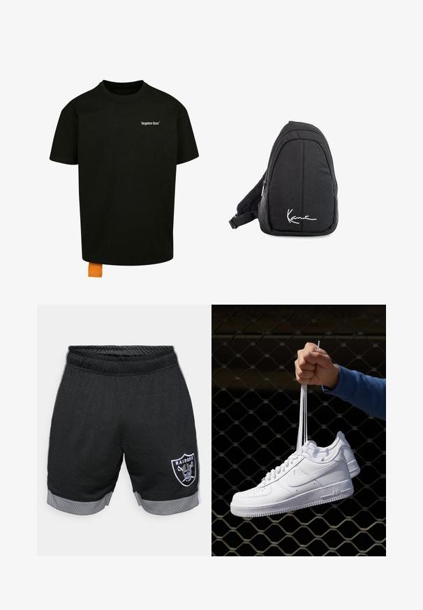 Črna bombažna majica s širokim krojem, okroglim izrezom in kratkimi rokavi. Ima bel napis na prsih in oranžno oznako na robu.; Črne mrežaste atletske kratke hlače z sivo elastiko in robom. Na levem stegnu je belo predstavljena blagovna znamka "Raiders". Oblikovanje iz dihalnega materiala.; Bela usnjena športna obutev s perforacijami, okroglo konico, ravnim podplatom in debelimi vezalkami, z vidnim logotipom smoosh in napisom "AIR" na peti.; Črn tkaninski sling nahrbtnik z gladko teksturo, ki ima obliko lokov, z zip zapiranjem in belim logotipom na sprednji strani.