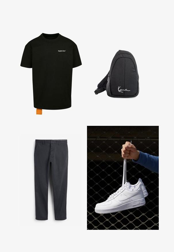 Must must T-särk, millel on lõtv lõige, ümmargune kaelus ja lühikesed varrukad. Rinnal on valge teksti logo ja hemil oranž silt.; Tumedashallased chinos, millel on sirge esiosaga, küljetaskud ja nööp sulgemine. Sile puuvillane kangas, kitsenev jalaosa disain ja minimalistik stiil.; Valged nahast tennisetossud, millel on perforatsioonid, ümar nina, lame tallus ja paksud nöörid, nähtava swooshi logoga ja "AIR" kontsadel.; Mustmust kangas õlakott sujuva tekstuuriga, millel on kaarduv disain, tõmblukuga sektsioon ja valge logo esiküljel.
