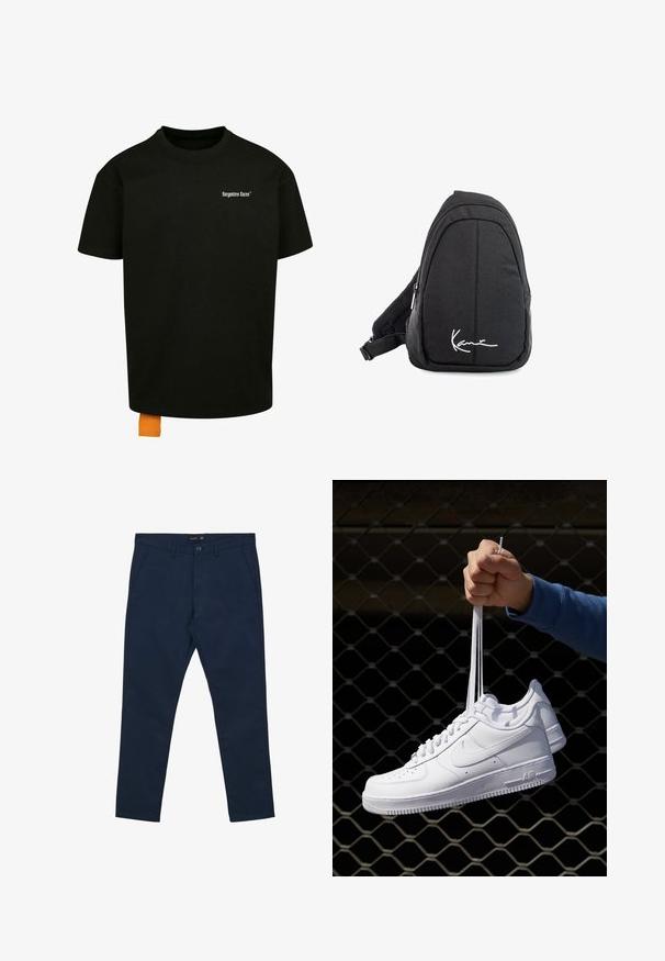 Schwarzes Baumwoll-T-Shirt mit lockerer Passform, Rundhalsausschnitt und kurzen Ärmeln. Mit weißem Textlogo auf der Brust und einem orangefarbenen Etikett am Saum.; Navyblaue Baumwollhose mit Knopfverschluss, Fronttaschen und geradem Bein. Glatte Textur, keine sichtbaren Muster oder Akzente.; Weiße Leder-Sneaker mit Perforationen, runder Zehenpartie, flacher Sohle und dicken Schnürsenkeln, mit sichtbar eingesticktem Swoosh-Logo und "AIR" an der Ferse.; Schwarzer Stoff-Sling-Rucksack mit glatter Textur, gekennzeichnet durch ein geschwungenes Design, ein Reißverschlussfach und einem weißen Logo auf der Vorderseite.