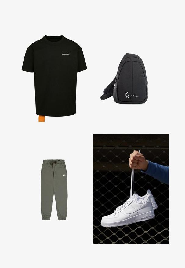 Juodas medvilnės marškinėliai laisvu kirpimu, apvalia iškirpte ir trumpomis rankovėmis. Pirmoje pusėje yra balta tekstinė logo ir oranžinė etiketė ant apačios.; Žalios jogger kelnės, pagamintos iš minkštos medžiagos, su elastinga juosmeniu ir raišteliu, šoninėmis kišenėmis ir mažuoju baltu logotipu ant šlaunies.; Balti odiniai sportiniai bateliai su perforacijomis, apvalia nosimi, plokščiu padu ir storomis raištelėmis, su matomu swoosh logotipu ir "AIR" ant kulno.; Juodas audinio petinis krepšys su lygiu paviršiumi, turintis kreivą dizainą, užtrauktuku uždaromą skyrių ir baltą logotipą priekyje.