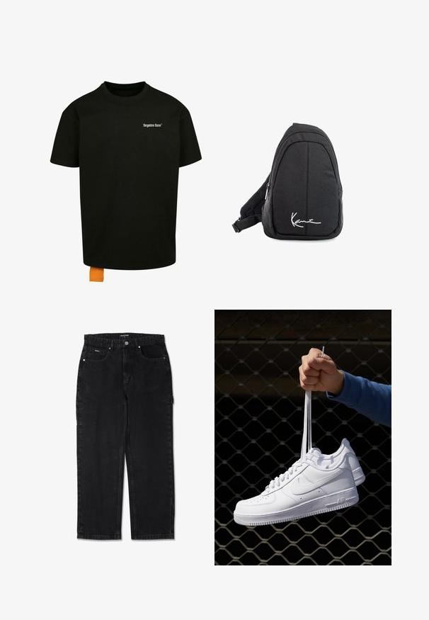 Mustapaita, jossa on löysä istuvuus, pyöreä kaula-aukko ja lyhyet hihat. Rinnassa valkoinen tekstilogo ja hemassa oranssi etiketti.; Mustat farkut suoran lahkeen muotoilulla, joissa on viisi taskua, metallinen napin kiinnitys ja huomaamattomat tikkausdetaljit.; Valkoiset nahkasneakersit, joissa on rei'ityksiä, pyöreä kärki, tasapohja ja paksut nauhat, joissa on näkyvä swoosh-logo ja "AIR" kantapäässä.; Musta kangaskassireppu, jossa on sileä pinta, kaareva muotoilu, vetoketjullinen osio ja valkoinen logo etupuolella.