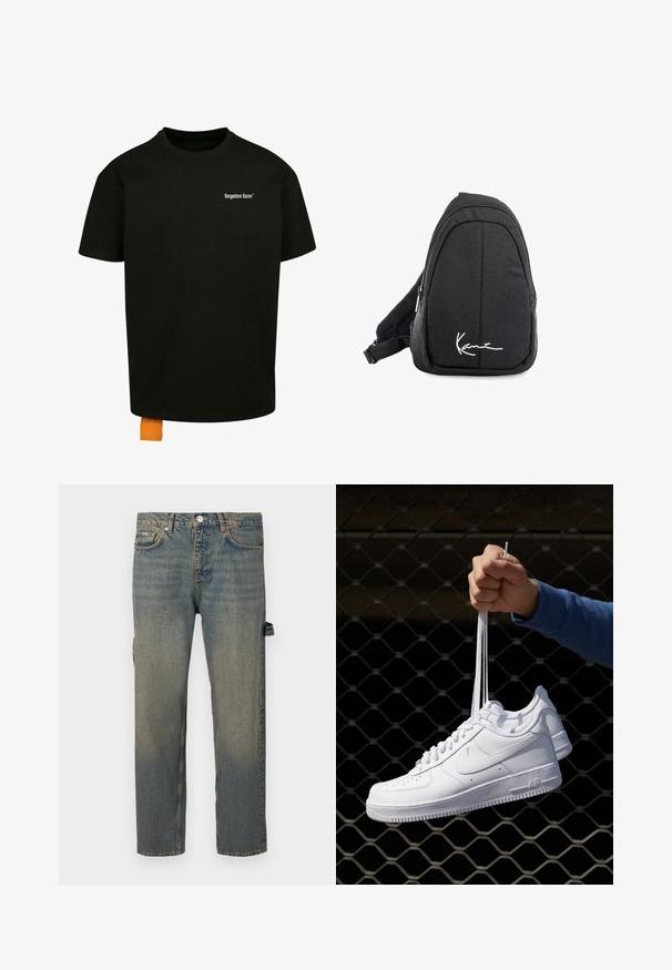 Must must T-särk, millel on lõtv lõige, ümmargune kaelus ja lühikesed varrukad. Rinnal on valge teksti logo ja hemil oranž silt.; Heledad teksad kerge sinise värviga, kulunud efekti ja sirge jala disainiga, viie tasku ja vöödega. Omab külje rihma detaili.; Valged nahast tennisetossud, millel on perforatsioonid, ümar nina, lame tallus ja paksud nöörid, nähtava swooshi logoga ja "AIR" kontsadel.; Mustmust kangas õlakott sujuva tekstuuriga, millel on kaarduv disain, tõmblukuga sektsioon ja valge logo esiküljel.