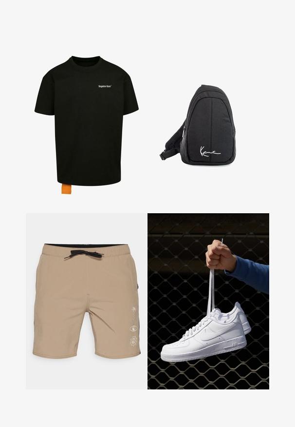 Mustapaita, jossa on löysä istuvuus, pyöreä kaula-aukko ja lyhyet hihat. Rinnassa valkoinen tekstilogo ja hemassa oranssi etiketti.; Vaaleat uima shortsit, joissa on musta nauha, kehystetty sivutaskuilla ja valkoisilla graafisilla kuvioilla, kuten palmut ja symbolit. Pehmeä kangaskuvio.; Valkoiset nahkasneakersit, joissa on rei'ityksiä, pyöreä kärki, tasapohja ja paksut nauhat, joissa on näkyvä swoosh-logo ja "AIR" kantapäässä.; Musta kangaskassireppu, jossa on sileä pinta, kaareva muotoilu, vetoketjullinen osio ja valkoinen logo etupuolella.