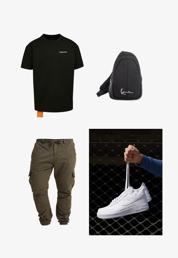 Zwarte katoenen t-shirt met een losse pasvorm, ronde hals en korte mouwen. Bevat een wit tekstlogo op de borst en een oranje label aan de zoom.; Olijfgroene cargobroek gemaakt van zachte katoen, met een verstelbare taillekoord, elastische boorden en zijzakken met klep.; Witte leren sneakers met perforaties, ronde neus, vlakke zool en dikke veters, met een zichtbare swoosh-logo en "AIR" op de hiel.; Zwarte stoffen schouderrugzak met een soepele textuur, met een gebogen ontwerp, een ritscompartiment en een wit logo aan de voorkant.