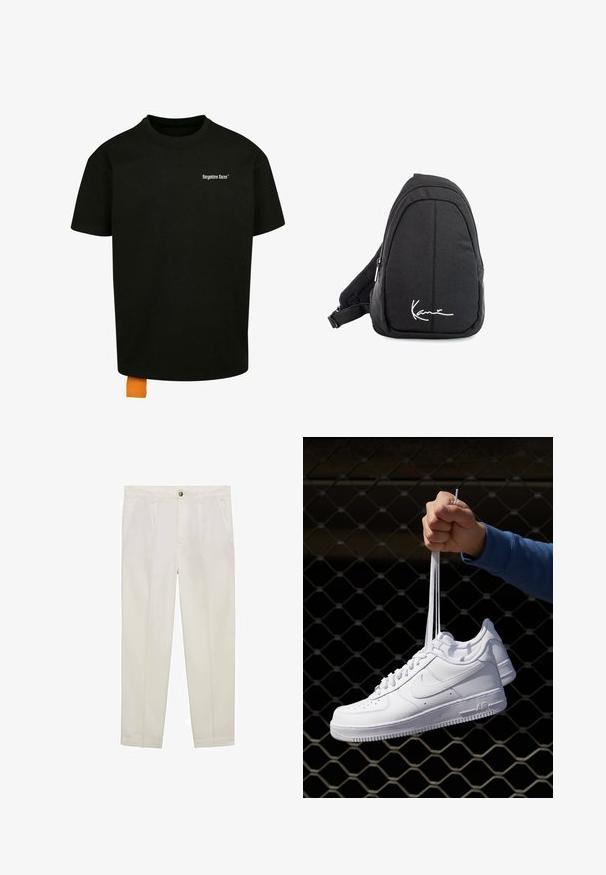 T-shirt nero in cotone con vestibilità ampia, colletto rotondo e maniche corte. Presenta un logo in testo bianco sul petto e un'etichetta arancio sull'orlo.; Mango Chino - off-white; Sneakers in pelle bianca con perforazioni, punta rotonda, suola piatta e lacci spessi, con logo swoosh visibile e "AIR" sul tallone.; Zaino a tracolla in tessuto nero con una superficie liscia, caratterizzato da un design curvo, scomparto con zip e un logo bianco sul davanti.