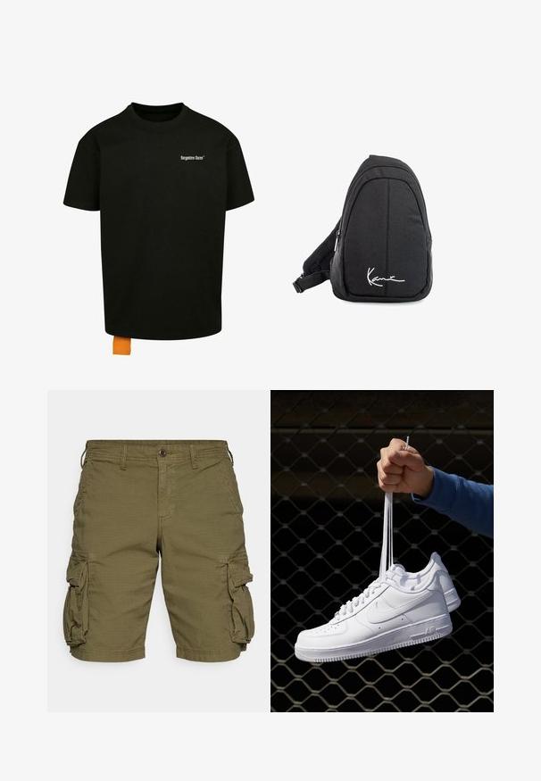 Must must T-särk, millel on lõtv lõige, ümmargune kaelus ja lühikesed varrukad. Rinnal on valge teksti logo ja hemil oranž silt.; GAP Lühikesed püksid - army jacket green; Valged nahast tennisetossud, millel on perforatsioonid, ümar nina, lame tallus ja paksud nöörid, nähtava swooshi logoga ja "AIR" kontsadel.; Mustmust kangas õlakott sujuva tekstuuriga, millel on kaarduv disain, tõmblukuga sektsioon ja valge logo esiküljel.