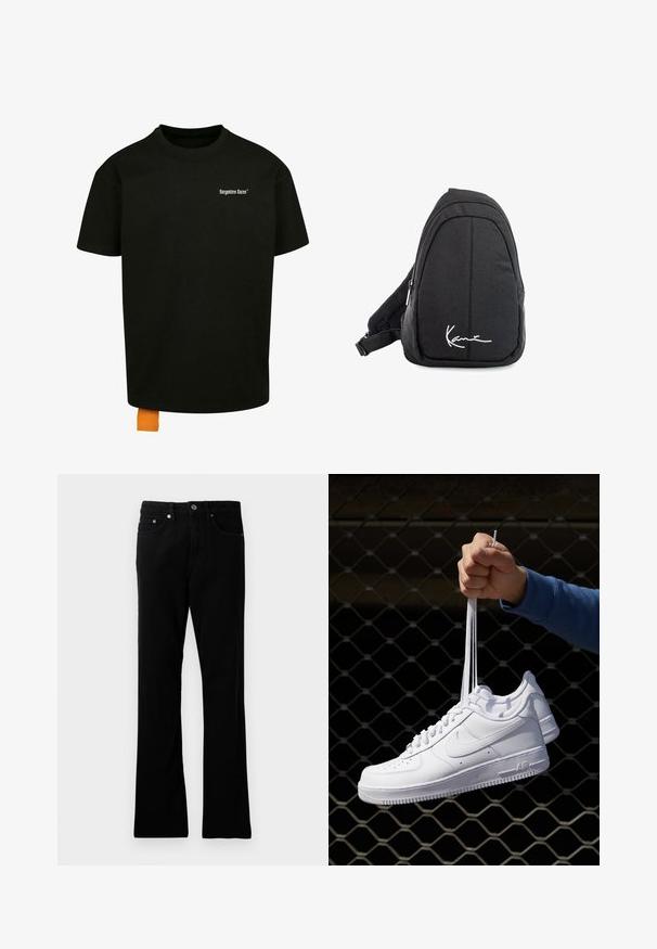 Black cotton t-shirt with a loose fit, crew neck, and short sleeves. Features white text logo on the chest and an orange tag at the hem.; Black denim trousers with a straight fit, five pockets, metal button closure, and subtle stitching details. Smooth texture and consistent color.; White leather sneakers with perforations, round toe, flat sole, and thick laces, featuring a visible swoosh logo and "AIR" on the heel.; Black fabric sling backpack with a smooth texture, featuring a curved design, zippered compartment, and a white logo on the front.