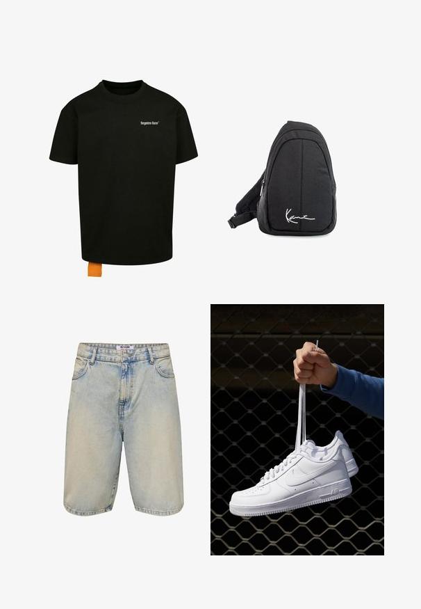 Schwarzes Baumwoll-T-Shirt mit lockerer Passform, Rundhalsausschnitt und kurzen Ärmeln. Mit weißem Textlogo auf der Brust und einem orangefarbenen Etikett am Saum.; Hellblaue Denim-Shorts mit einer ausgewaschenen Optik, einem Knopfverschluss, fünf Taschen und genähten Akzenten entlang des Saums und der Taschenränder.; Weiße Leder-Sneaker mit Perforationen, runder Zehenpartie, flacher Sohle und dicken Schnürsenkeln, mit sichtbar eingesticktem Swoosh-Logo und "AIR" an der Ferse.; Schwarzer Stoff-Sling-Rucksack mit glatter Textur, gekennzeichnet durch ein geschwungenes Design, ein Reißverschlussfach und einem weißen Logo auf der Vorderseite.