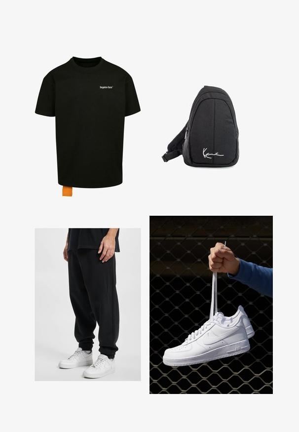 Schwarzes Baumwoll-T-Shirt mit lockerer Passform, Rundhalsausschnitt und kurzen Ärmeln. Mit weißem Textlogo auf der Brust und einem orangefarbenen Etikett am Saum.; DEF Jogginghose - black washed; Weiße Leder-Sneaker mit Perforationen, runder Zehenpartie, flacher Sohle und dicken Schnürsenkeln, mit sichtbar eingesticktem Swoosh-Logo und "AIR" an der Ferse.; Schwarzer Stoff-Sling-Rucksack mit glatter Textur, gekennzeichnet durch ein geschwungenes Design, ein Reißverschlussfach und einem weißen Logo auf der Vorderseite.