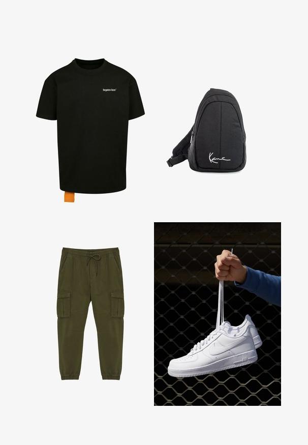 Schwarzes Baumwoll-T-Shirt mit lockerer Passform, Rundhalsausschnitt und kurzen Ärmeln. Mit weißem Textlogo auf der Brust und einem orangefarbenen Etikett am Saum.; Olivgrüne Cargo-Hosen aus Baumwolle, mit einem elastischen Bund, Kordelzug und zwei seitlichen Cargo-Taschen mit elastischen Bündchen.; Weiße Leder-Sneaker mit Perforationen, runder Zehenpartie, flacher Sohle und dicken Schnürsenkeln, mit sichtbar eingesticktem Swoosh-Logo und "AIR" an der Ferse.; Schwarzer Stoff-Sling-Rucksack mit glatter Textur, gekennzeichnet durch ein geschwungenes Design, ein Reißverschlussfach und einem weißen Logo auf der Vorderseite.
