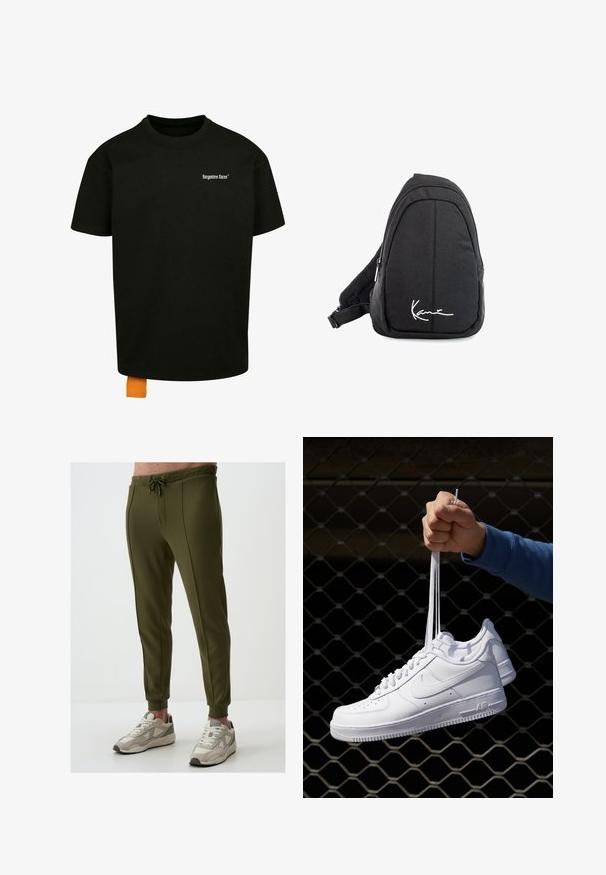 Black cotton t-shirt with a loose fit, crew neck, and short sleeves. Features white text logo on the chest and an orange tag at the hem.; Olive green jogger pants with a drawstring waistband, tapered legs, and side seams. Paired with beige and gray athletic sneakers.; White leather sneakers with perforations, round toe, flat sole, and thick laces, featuring a visible swoosh logo and "AIR" on the heel.; Black fabric sling backpack with a smooth texture, featuring a curved design, zippered compartment, and a white logo on the front.