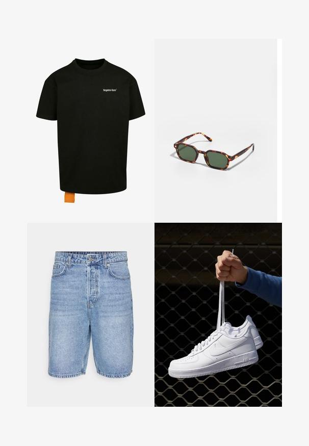 Black cotton t-shirt with a loose fit, crew neck, and short sleeves. Features white text logo on the chest and an orange tag at the hem.; Light blue denim shorts featuring a classic design, five pockets, a zip fly, and visible stitching along the hems.; White leather sneakers with perforations, round toe, flat sole, and thick laces, featuring a visible swoosh logo and "AIR" on the heel.; Tortoiseshell sunglasses with green lenses, featuring an octagonal shape and slim, curved arms. Material has a glossy finish.