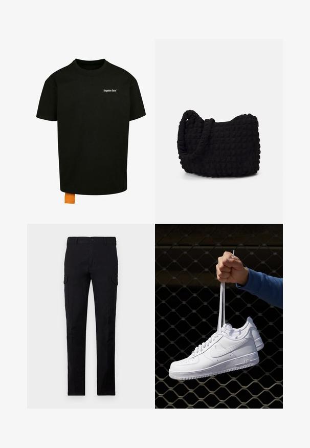 Crna pamukasta majica s opuštenim krojem, okruglim izrezom i kratkim rukavima. Ima bijeli tekstualni logo na prsima i narančastu oznaku na rubu.; Crne cargo hlače izrađene od čvrstog materijala, s regularnim krojem, zatvaranjem na dugme i dva bočna džepa. Jednostavni uzorak bez motiva.; Bijele kožne tenisice s perforacijama, okruglim vrhom, ravnim potplatom i debelim vezicama, s vidljivim swoosh logom i natpisom "AIR" na peti.; Crna platnena torba s teksturiranim, kviltanim uzorkom. Okrugli oblik, kratke, debele ručke i meka, fleksibilna struktura.