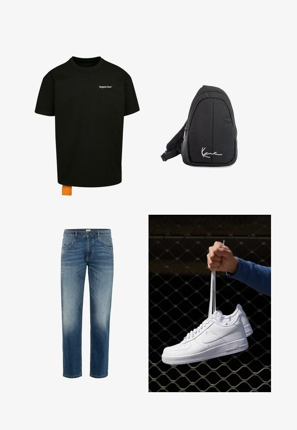 Czarna bawełniana koszulka z luźnym krojem, okrągłym dekoltem i krótkimi rękawami. Zawiera białe logo tekstowe na klatce piersiowej oraz pomarańczową metkę u dołu.; Niebieskie dżinsy wykonane z denimu. Prosty krój nogawki, średni stan, z efektem przetarcia, kontrastowe nici, plus pięć kieszeni do przechowywania.; Białe skórzane sneakersy z perforacjami, okrągłym noskiem, płaską podeszwą i grubymi sznurówkami, z widocznym logo swoosh i napisem „AIR” na pięcie.; Czarny plecak na ramię z gładkiego materiału, o zaokrąglonym kształcie, z zamykaną komorą i białym logo z przodu.