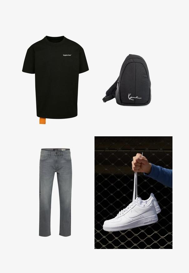 Juodas medvilnės marškinėliai laisvu kirpimu, apvalia iškirpte ir trumpomis rankovėmis. Pirmoje pusėje yra balta tekstinė logo ir oranžinė etiketė ant apačios.; Pilki džinsai su tiesiu fasonu, penkiomis kišenėmis, subtiliu išblukimu ir klasikinėmis sagomis juosmens vietoje. Lygi tekstūra ir tvirtas audinys.; Balti odiniai sportiniai bateliai su perforacijomis, apvalia nosimi, plokščiu padu ir storomis raištelėmis, su matomu swoosh logotipu ir "AIR" ant kulno.; Juodas audinio petinis krepšys su lygiu paviršiumi, turintis kreivą dizainą, užtrauktuku uždaromą skyrių ir baltą logotipą priekyje.