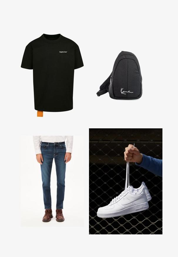 Camiseta de algodón negra con un corte holgado, cuello redondo y mangas cortas. Presenta un logotipo en texto blanco en el pecho y una etiqueta naranja en el dobladillo.; Jeans oscuros de corte slim con detalles desvaídos, diseño de cinco bolsillos y costuras en contraste, combinados con zapatillas marrones.; Zapatillas de cuero blanco con perforaciones, punta redonda, suela plana y cordones gruesos, con un logo de swoosh visible y "AIR" en el talón.; Mochila de tela negra tipo bandolera con una textura suave, que presenta un diseño curvado, un compartimento con cremallera y un logo blanco en la parte frontal.