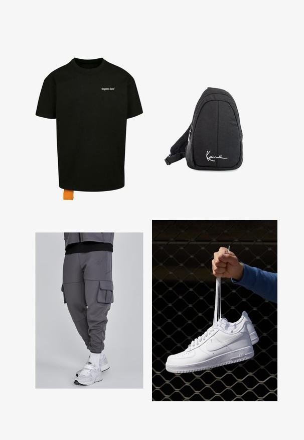 Zwarte katoenen t-shirt met een losse pasvorm, ronde hals en korte mouwen. Bevat een wit tekstlogo op de borst en een oranje label aan de zoom.; SIKSILK Cargobroek - grey; Witte leren sneakers met perforaties, ronde neus, vlakke zool en dikke veters, met een zichtbare swoosh-logo en "AIR" op de hiel.; Zwarte stoffen schouderrugzak met een soepele textuur, met een gebogen ontwerp, een ritscompartiment en een wit logo aan de voorkant.