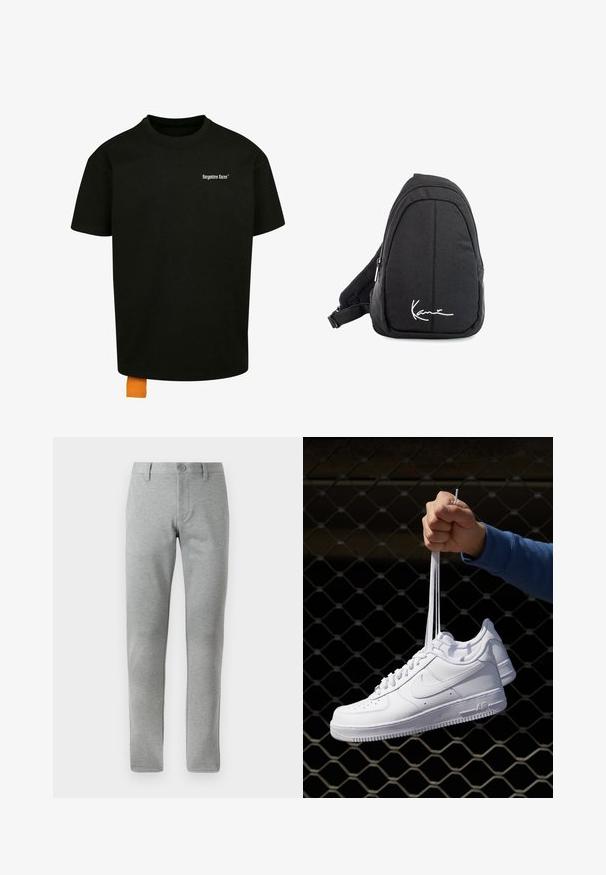 Schwarzes Baumwoll-T-Shirt mit lockerer Passform, Rundhalsausschnitt und kurzen Ärmeln. Mit weißem Textlogo auf der Brust und einem orangefarbenen Etikett am Saum.; Graue, gerade geschnittene Hosen aus strukturiertem Stoff. Mit einem Knopfverschluss, Gürtelschlaufen und seitlichen Taschen für Funktionalität.; Weiße Leder-Sneaker mit Perforationen, runder Zehenpartie, flacher Sohle und dicken Schnürsenkeln, mit sichtbar eingesticktem Swoosh-Logo und "AIR" an der Ferse.; Schwarzer Stoff-Sling-Rucksack mit glatter Textur, gekennzeichnet durch ein geschwungenes Design, ein Reißverschlussfach und einem weißen Logo auf der Vorderseite.