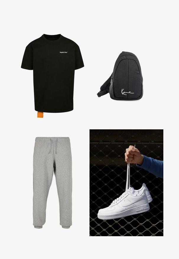 Zwarte katoenen t-shirt met een losse pasvorm, ronde hals en korte mouwen. Bevat een wit tekstlogo op de borst en een oranje label aan de zoom.; Grijze sweatpants gemaakt van zachte stof, met een elastische tailleband en verstelbaar koord, en ribbelboorden bij de enkels.; Witte leren sneakers met perforaties, ronde neus, vlakke zool en dikke veters, met een zichtbare swoosh-logo en "AIR" op de hiel.; Zwarte stoffen schouderrugzak met een soepele textuur, met een gebogen ontwerp, een ritscompartiment en een wit logo aan de voorkant.