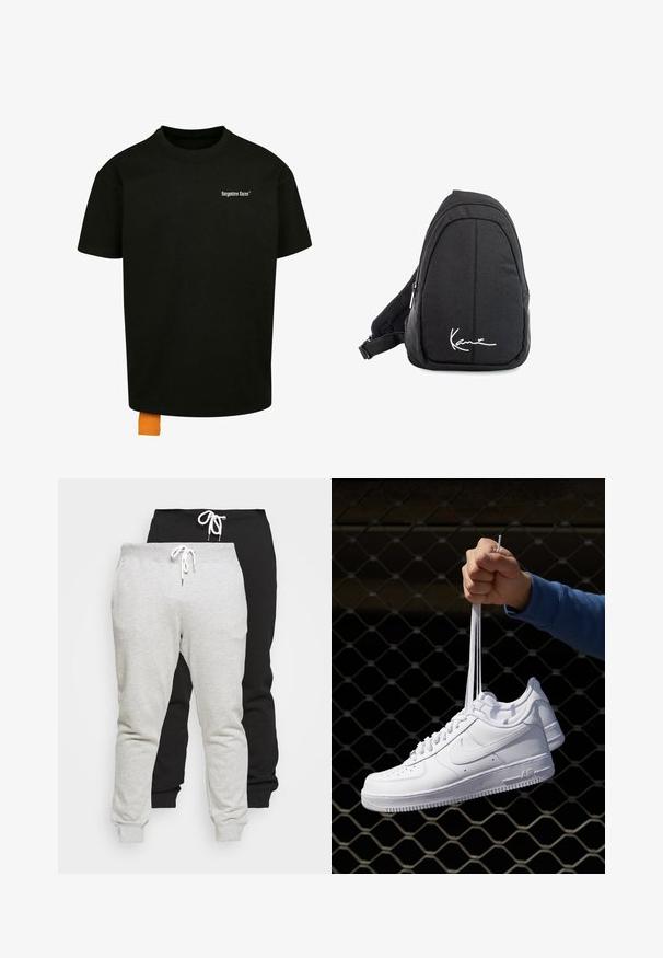 Črna bombažna majica s širokim krojem, okroglim izrezom in kratkimi rokavi. Ima bel napis na prsih in oranžno oznako na robu.; Dve para jogging hlač v sivi in črni mešani bombažni tkanini. Značilnosti vključujejo vrvico v pasu in zapenjanje na gležnjih. Gladka tekstura, priložnostna zasnova.; Bela usnjena športna obutev s perforacijami, okroglo konico, ravnim podplatom in debelimi vezalkami, z vidnim logotipom smoosh in napisom "AIR" na peti.; Črn tkaninski sling nahrbtnik z gladko teksturo, ki ima obliko lokov, z zip zapiranjem in belim logotipom na sprednji strani.