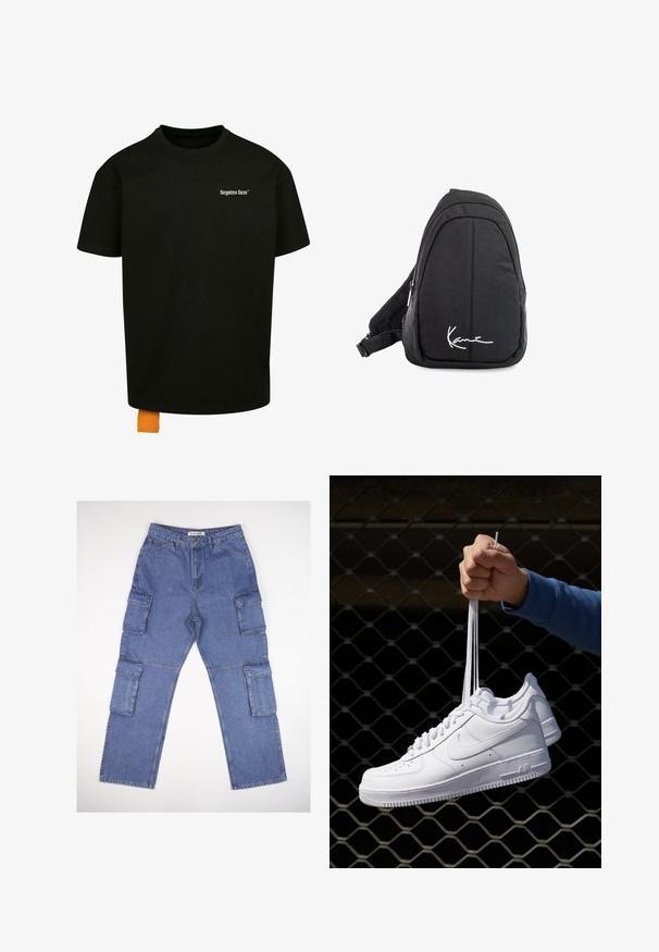 Mustapaita, jossa on löysä istuvuus, pyöreä kaula-aukko ja lyhyet hihat. Rinnassa valkoinen tekstilogo ja hemassa oranssi etiketti.; Sinisiä denimpituisia cargo-housuja, joissa on useita sivutaskuja, suora lahjesuunnittelu ja klassinen vyötärö. Kangas on hieman tekstuurinen ja haalistunut.; Valkoiset nahkasneakersit, joissa on rei'ityksiä, pyöreä kärki, tasapohja ja paksut nauhat, joissa on näkyvä swoosh-logo ja "AIR" kantapäässä.; Musta kangaskassireppu, jossa on sileä pinta, kaareva muotoilu, vetoketjullinen osio ja valkoinen logo etupuolella.