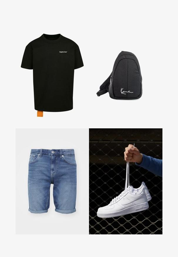 T-shirt en coton noir avec une coupe décontractée, col rond et manches courtes. Présente un logo en texte blanc sur la poitrine et une étiquette orange à l'ourlet.; Shorts en denim bleu clair. Dotés d'un design classique à cinq poches, de ourlets roulés et d'une fermeture à bouton en métal à la taille.; Baskets en cuir blanc avec perforations, à bout rond, semelle plate et lacets épais, arborant un logo swoosh visible et "AIR" sur le talon.; Sac à dos en toile noire avec une texture lisse, arborant un design courbé, un compartiment zippé et un logo blanc sur le devant.