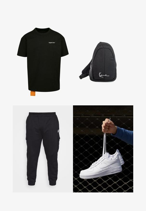 Zwarte katoenen t-shirt met een losse pasvorm, ronde hals en korte mouwen. Bevat een wit tekstlogo op de borst en een oranje label aan de zoom.; SIKSILK EXTENDED - Cargobroek - black; Witte leren sneakers met perforaties, ronde neus, vlakke zool en dikke veters, met een zichtbare swoosh-logo en "AIR" op de hiel.; Zwarte stoffen schouderrugzak met een soepele textuur, met een gebogen ontwerp, een ritscompartiment en een wit logo aan de voorkant.